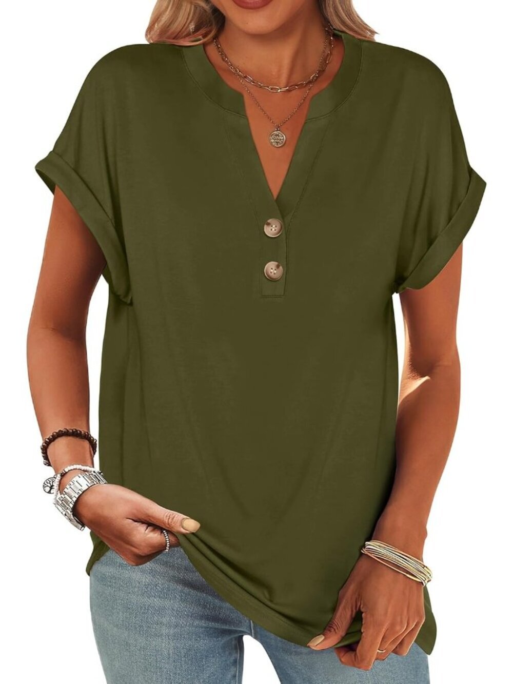 Women's Green Summer Short Sleeves Henley V Neck Comfortable Trendy Tee Shirts
